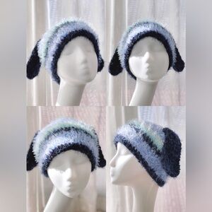 Handmade Fuzzy Blue and Black Earflap Dog Ear Crochet Hat